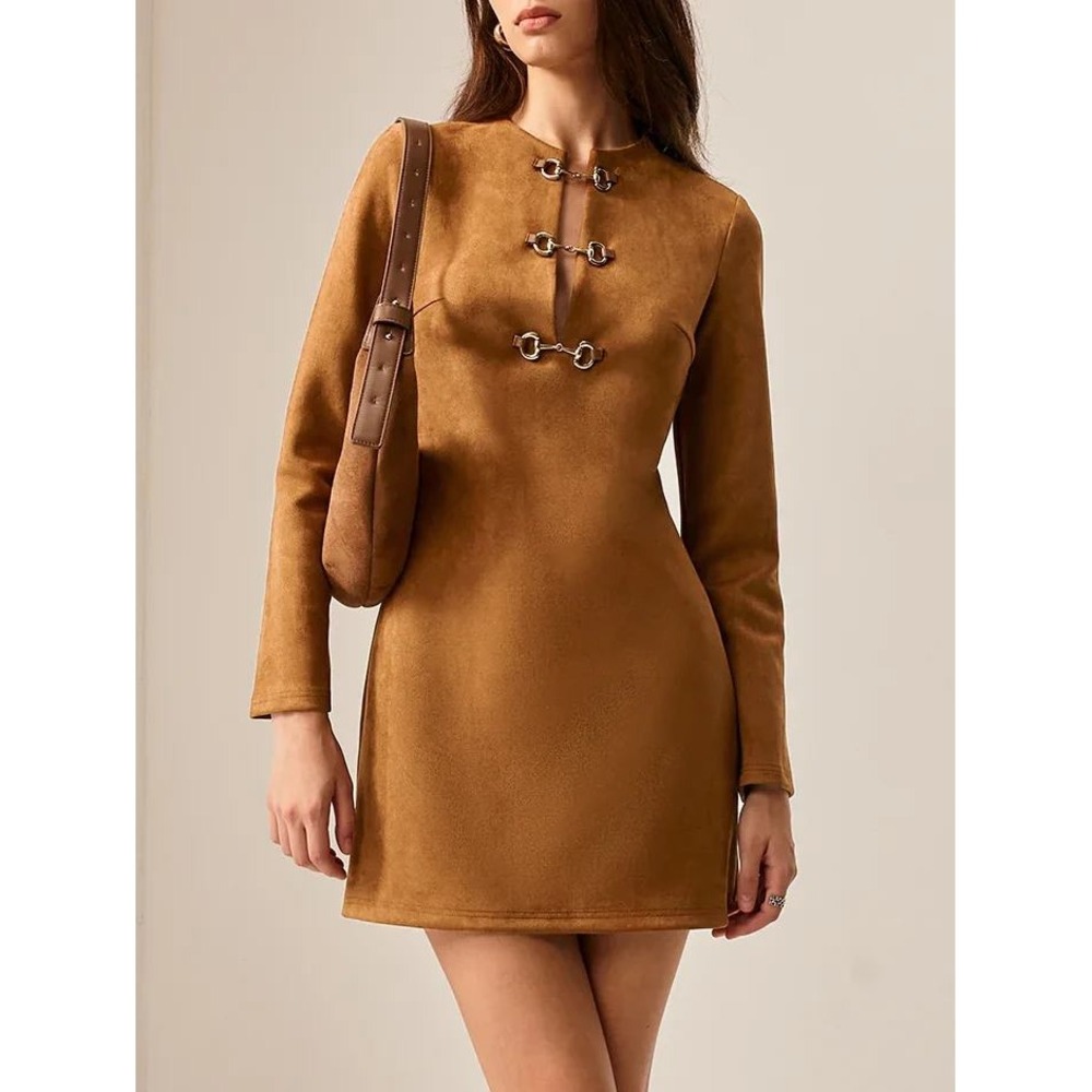 COMMENSE Brown Suede Effect Metal Detail Long Sleeve Mini Dress Size M